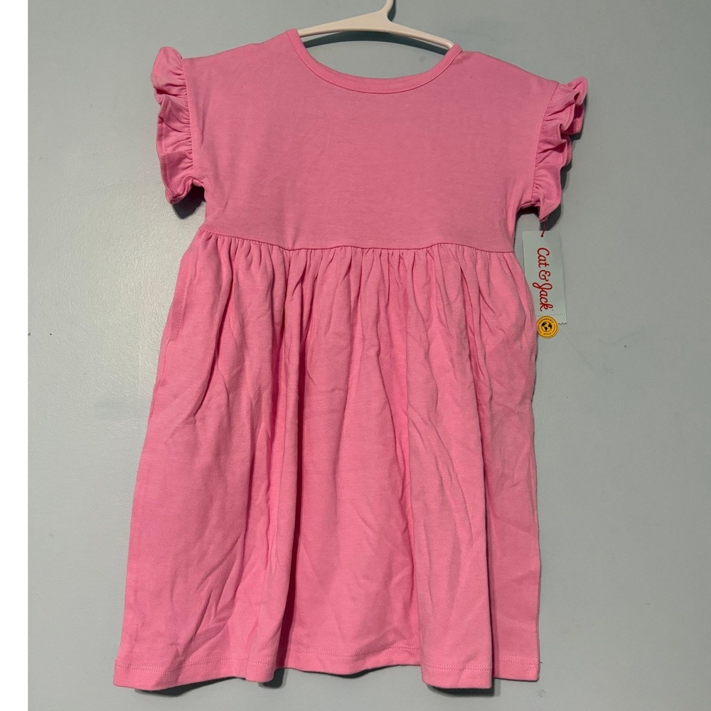 Cat & Jack Girl's 5T Pink Ruffle Sleeve Jersey Knit Dress with Pockets 2356